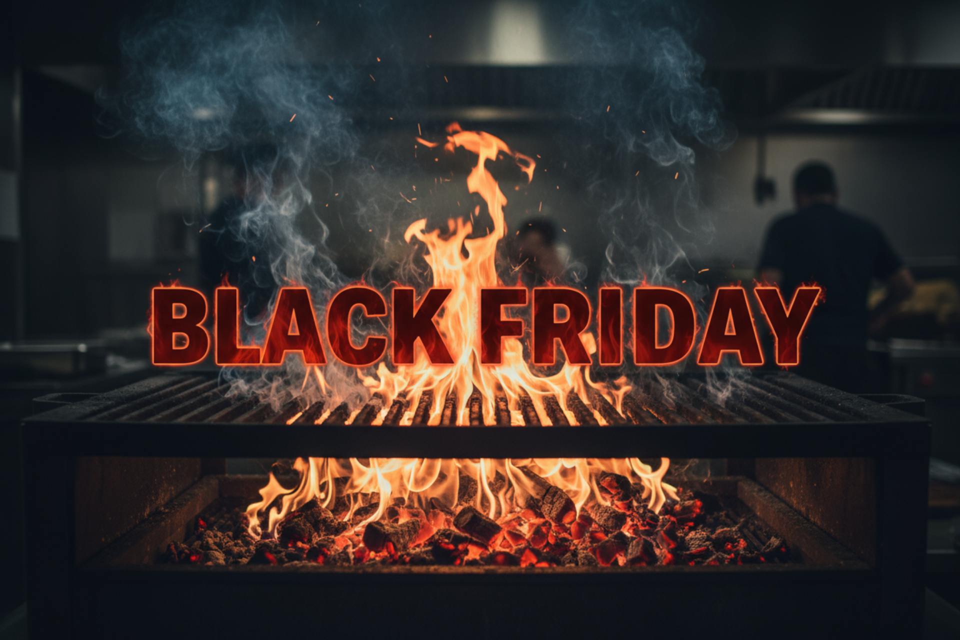 Black Friday text, burning charcoal grill background